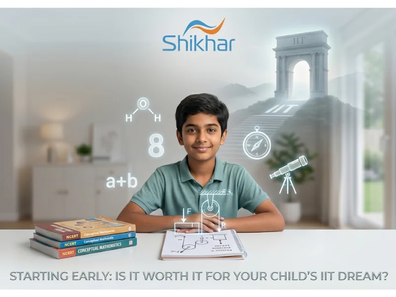Student preparing for IIT JEE foundation course in Class 8 with mathematics and science books