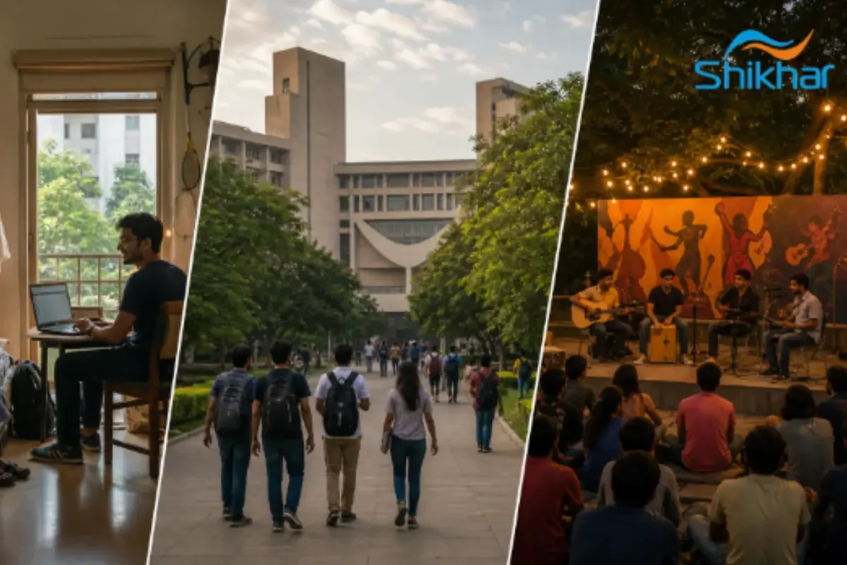 An inspiring view of IIT campus life showcasing hostel buildings, academic environments, and students engaged in cultural activities