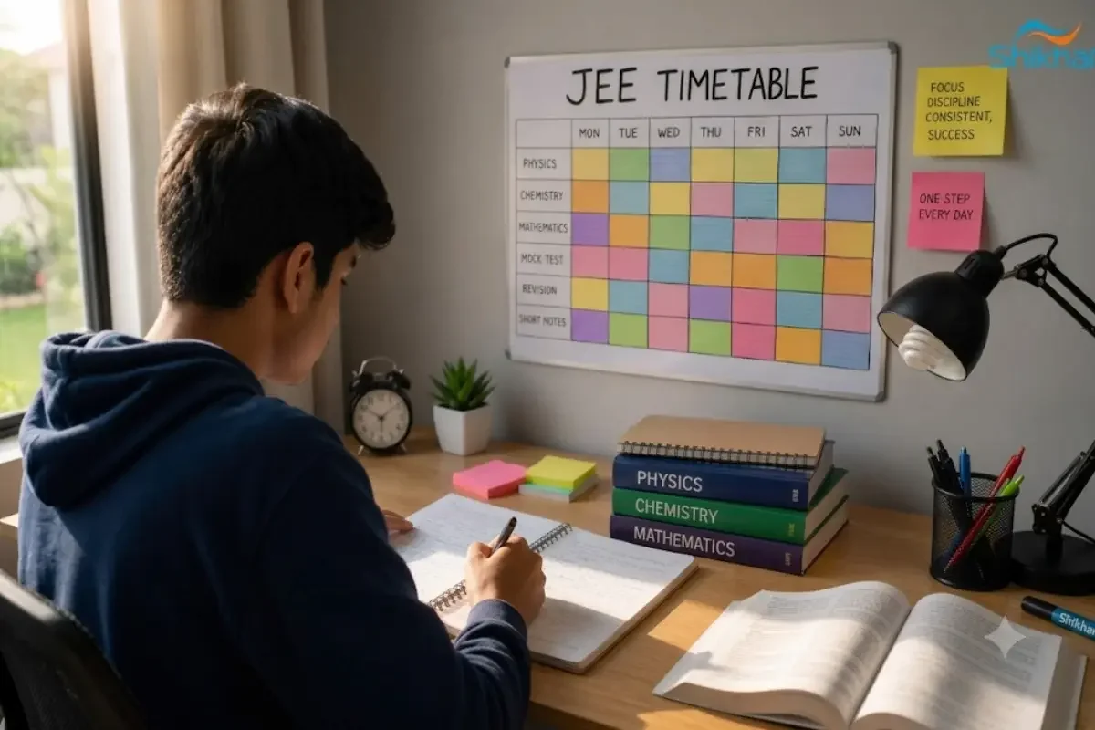 Students preparing for JEE exams with a timetable and books