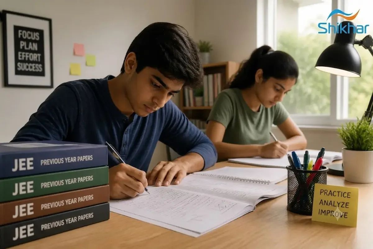 Students solving JEE previous year question papers with focus and determination