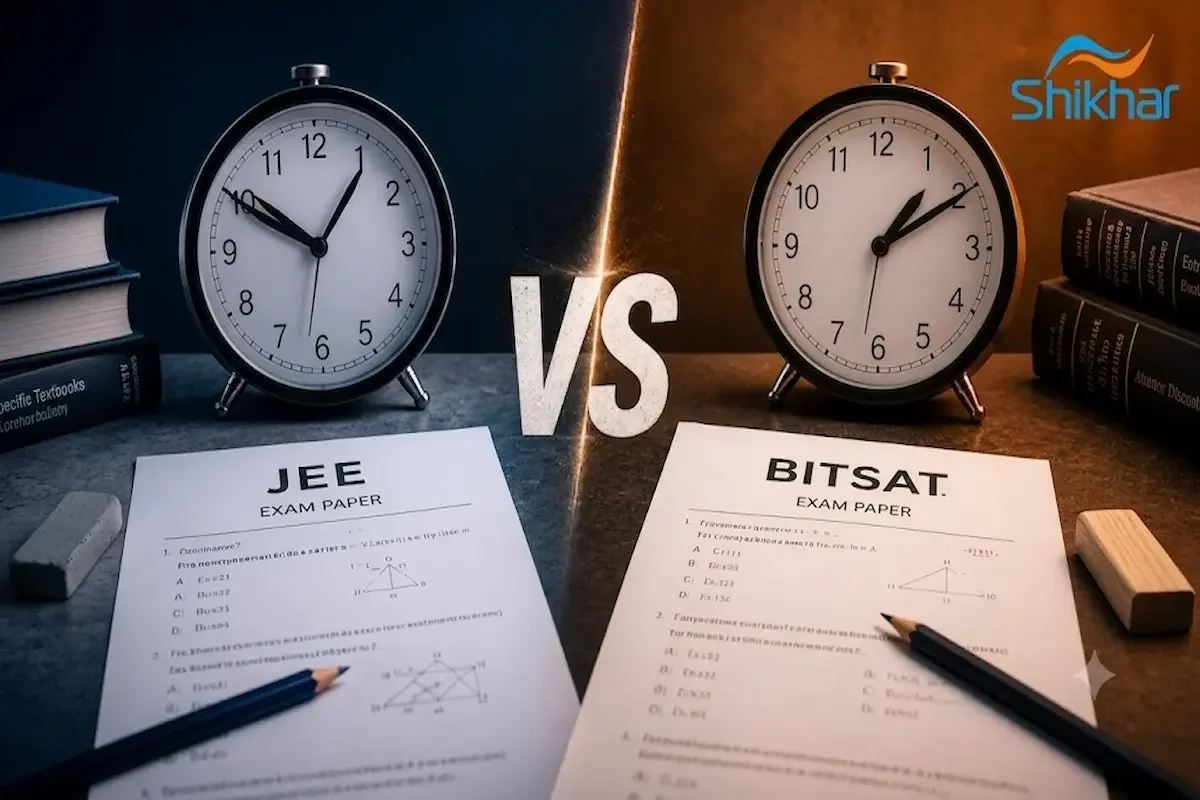 JEE and BITSAT exam papers with clocks representing time constraint