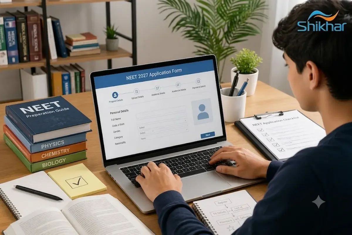 A student filling out an online NEET form on a laptop, surrounded by educational documents and guides