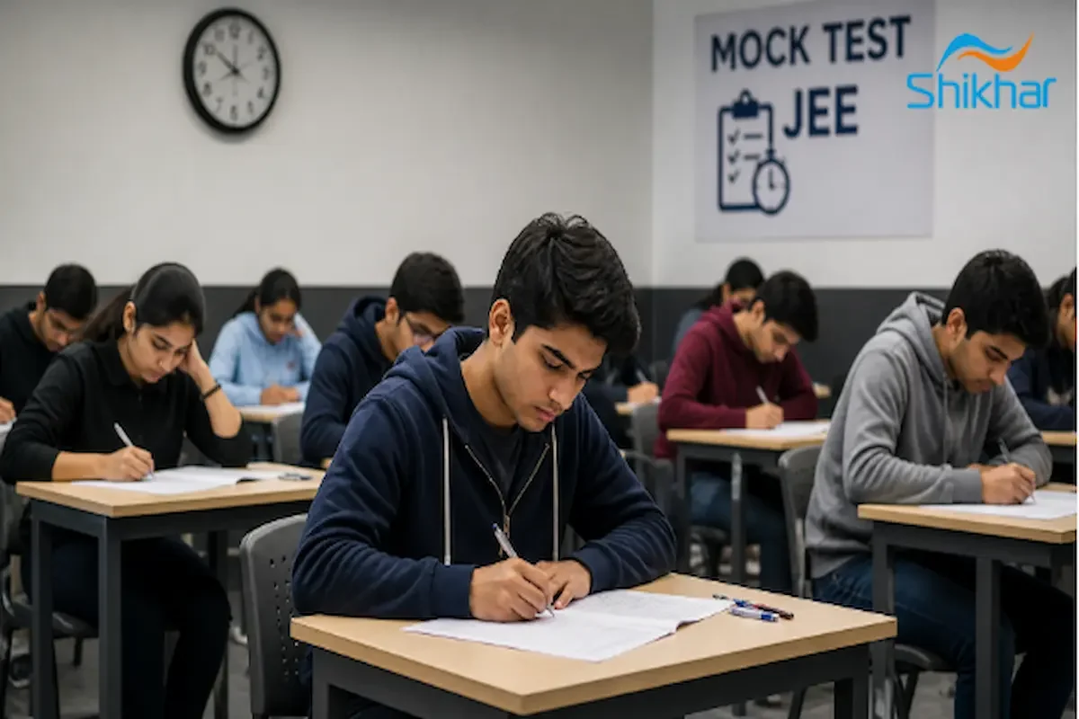 Students taking a JEE mock test in a simulated exam environment
