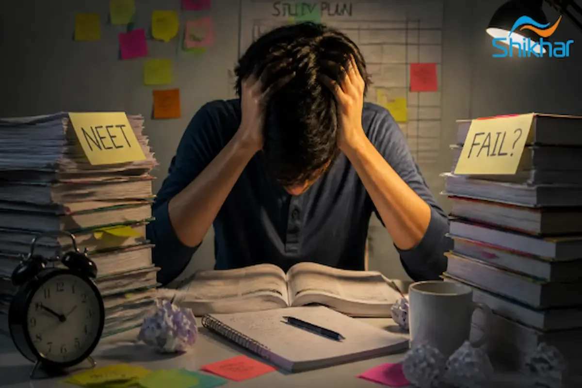 Image of a student struggling with exam preparations surrounded by books and notes