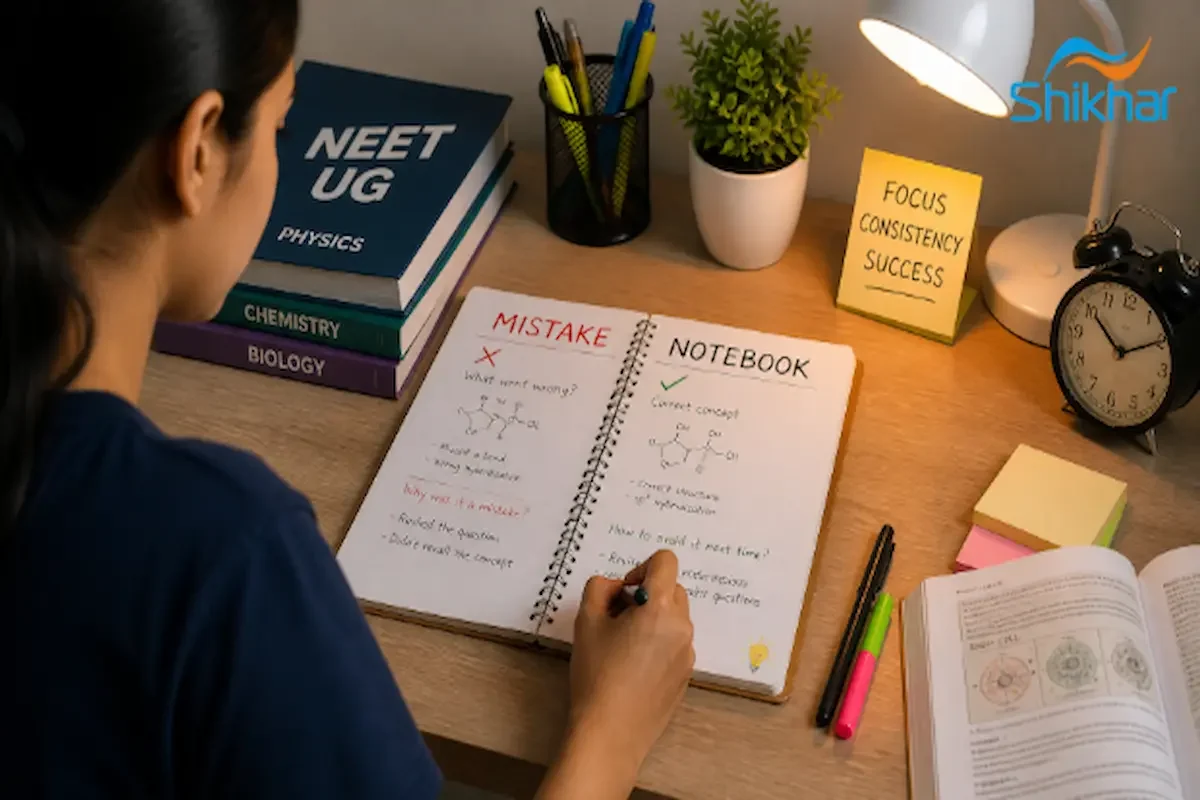 A student preparing for NEET with a mistake notebook