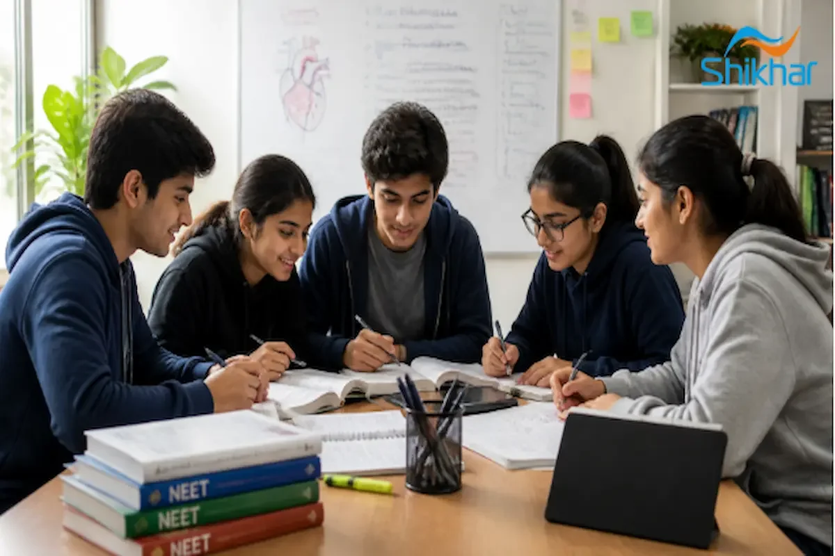 Students engaging in a collaborative NEET study group session