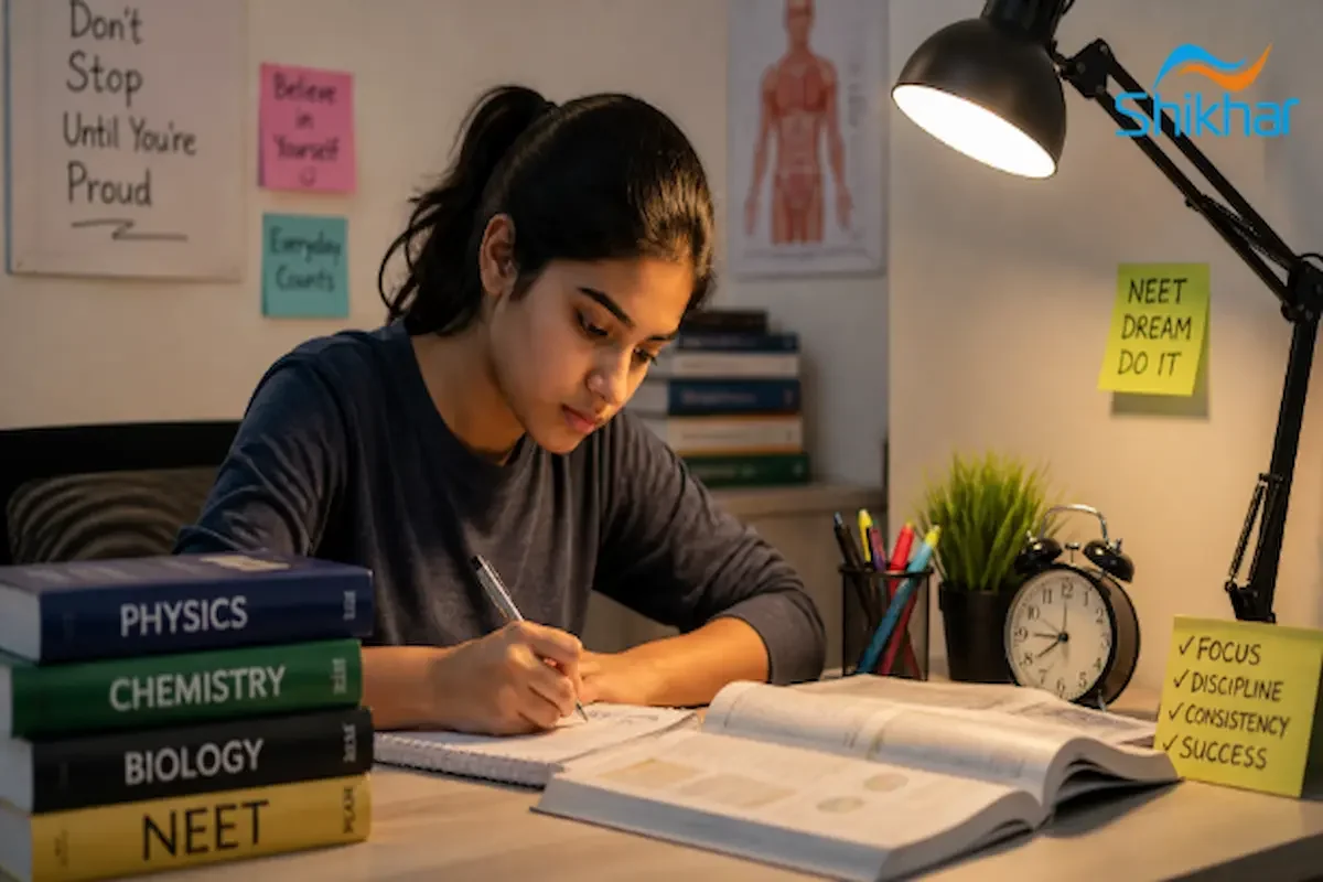 A motivated student studying for NEET with determination and focus